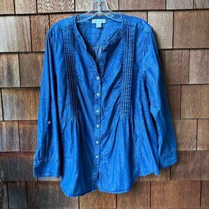 EUC Coldwater Creek Pleated Chambray Button Front Long Sleeve Top in Women's 2X